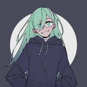 A gender ambiguous woman with very pale brown skin, with sea foam coloured hair, wearing a grin and a black oversized hoodie.